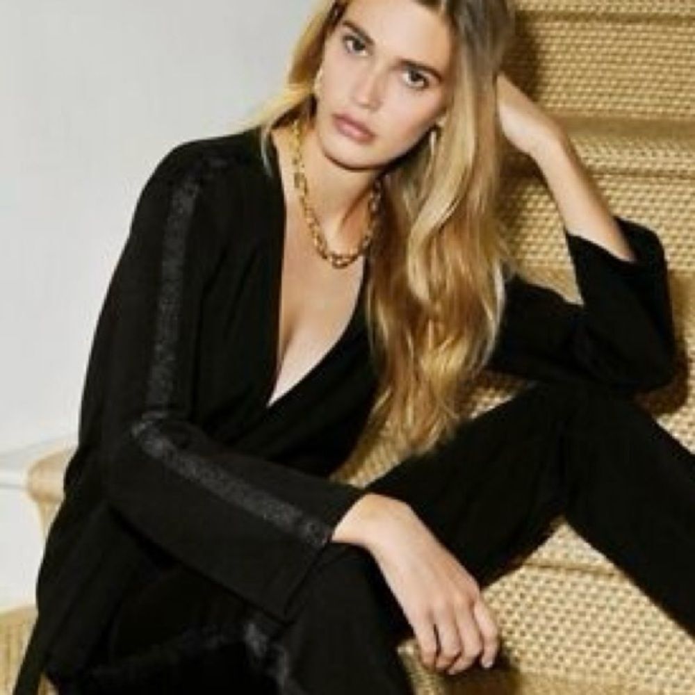 Good American Glam Suit Black Wrap Top with Sparkle Stripe Trim NEW